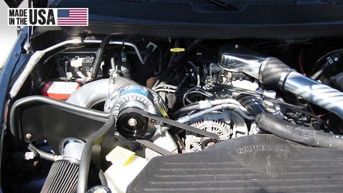 1996-01 Dodge Ram (5.2, 5.9) engine bay with ProCharger supercharger