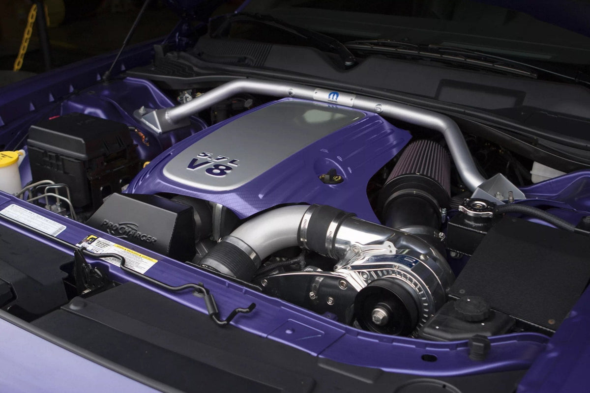 ProCharger supercharger system installed in a 2008-10 Dodge Challenger HEMI R/T (5.7)