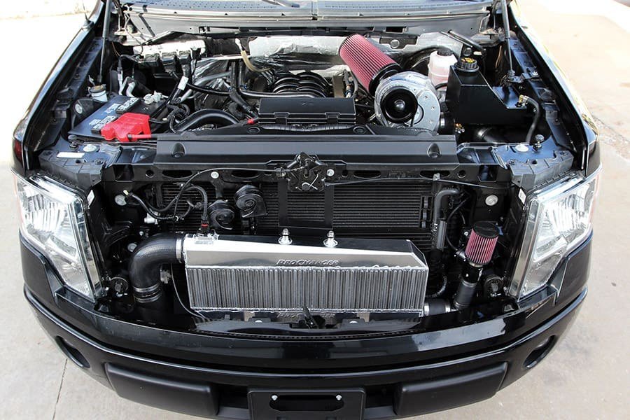 2011-14 Ford F-150 (5.0, 6.2 4V) engine bay with ProCharger supercharger
