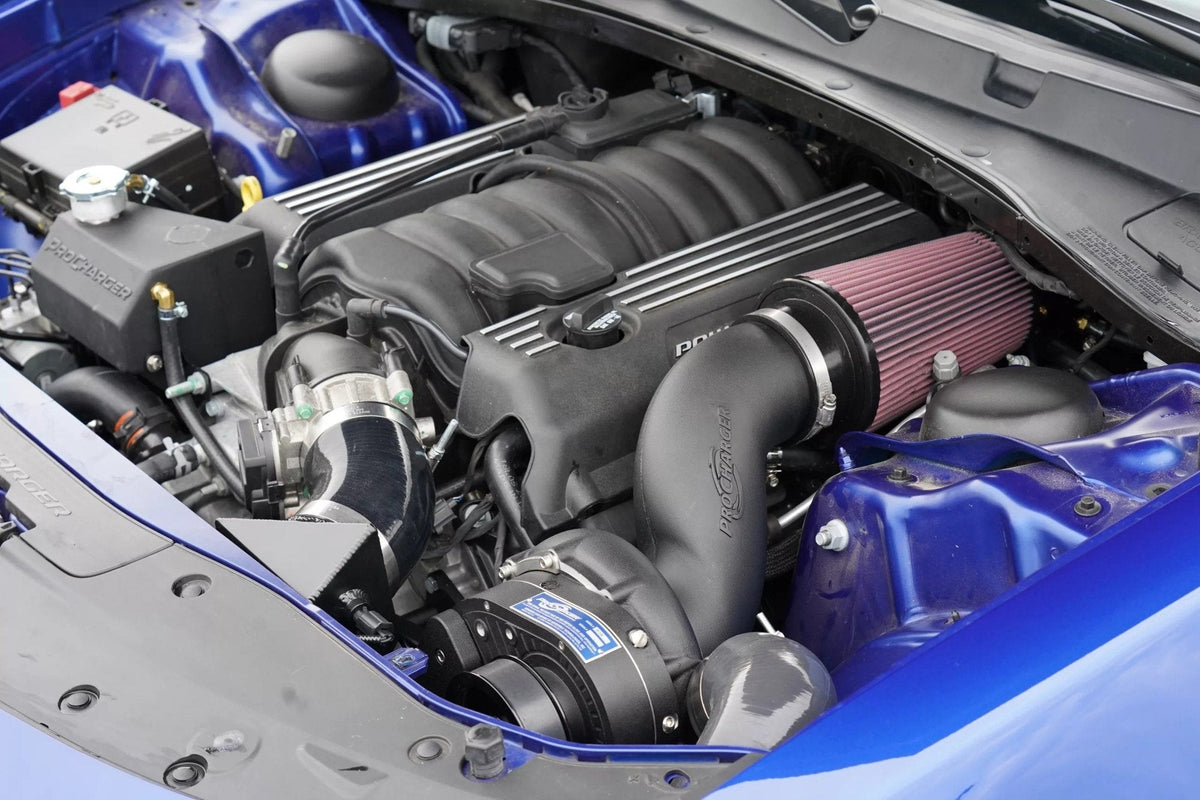 2012-23 Dodge Charger HEMI (6.4) engine bay with ProCharger supercharger